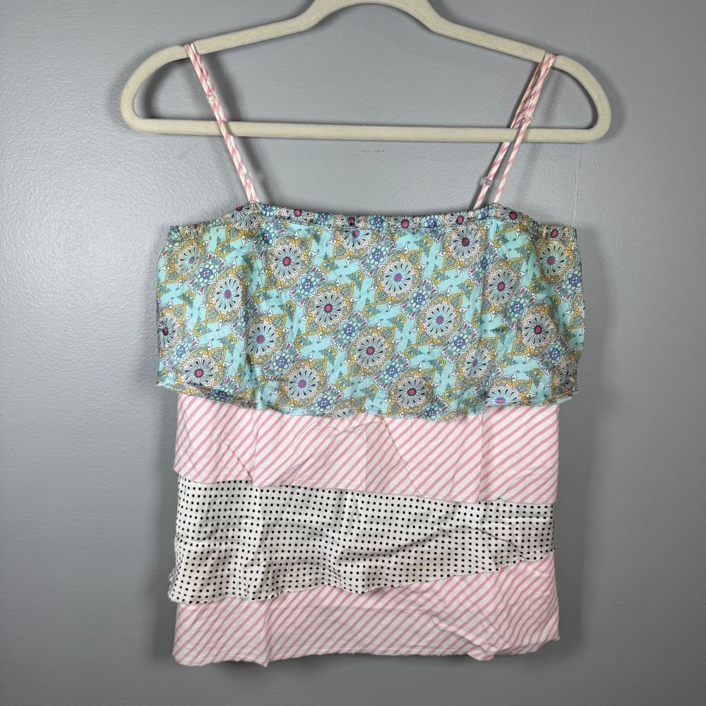 Symmetry Womens Size 10 Mixed Print Silk Cotton Tiered Ruffle Cami Top Pink Blue